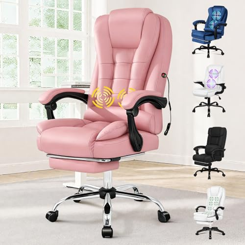 ALFORDSON Ergonomisk kontorsstol med massage, 150° lutning, 360° vridbar, tjock vadderad sits, robust metallstruktur, kapacitet 180 kg, konstläder, rosa