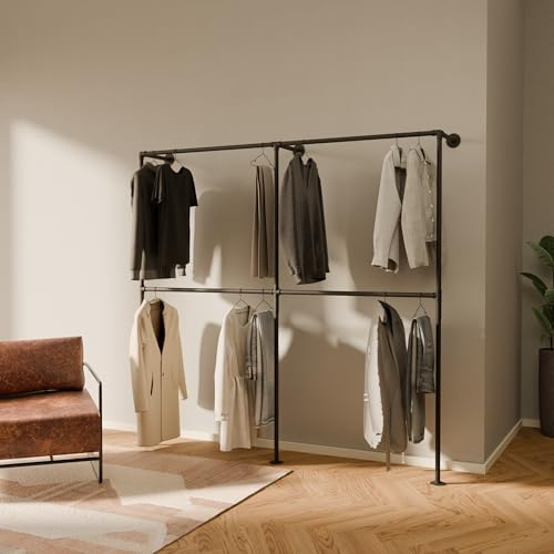 pamo Barra de ropa de pared estilo industrial – Carga 290 kg – Perchero metálico negro con tubos de acero – Para vestidor abierto o armario sin puertas – Robusto y fácil de instalar