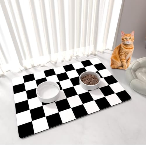 Tappetino Cibo Gatto BLESWIN – 51 x 30,5 CM Tappetino Ciotole Cane, Tovaglietta a Scacchi per Animali Domestici, Antiscivolo Tappetino Animali Domestici per Bevitori Disordinati, Nero e Bianco