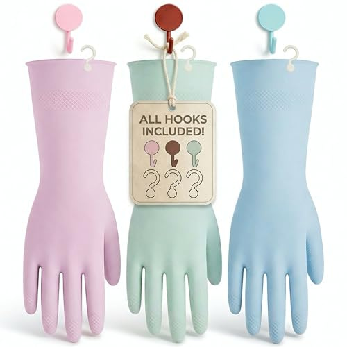 IMARU 3 Pairs Dishwashing Gloves with Hanging Hooks - Reusable Rubber Cleaning Gloves for Household & Kitchen & Gardening, Non-Slip & Waterproof & Durable (Medium)