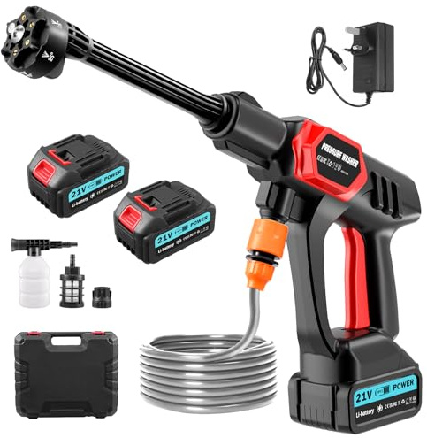 Teodute 21V Idropulitrice a Batteria, Idropulitrice Portatile, 10 Ugello Regolabile 6 in 1 Stadi Doppia Batteria 80Bar con 5M Tubo Flessibile per Auto Patio Giardino Pulizia Pavimenti (Rosso)