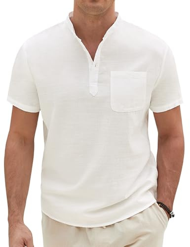 Xnova Camisa Algodón Y Lino Hombre Camisas Hombre Manga Corta Verano Camiseta Henley Adulto Playa Informal Elegante con Botones Corte Regular Camisetas