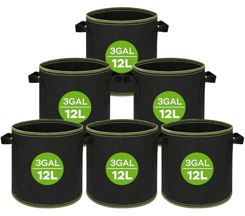 GOLXUWO 6 Pack 12L Bolsas de Tela no Tejida para Plantas，Ø22x25cm，con Asas，Bolsas de Cultivo Lavable Plegable y Transpirable evitando la pudrición de la raíz Jardinera Exterior