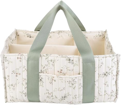 Kexpery Blommig blöjkorg med ergonomiskt handtag födelseorganisatör, babyförvaring, med avtagbar partition, present