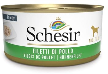 Schesir, cibo umido per cuccioli, filetti di pollo aromatizzati con aloe preparati in gelatina morbida, per un totale di 2,7 kg (18 lattine da 150 g)