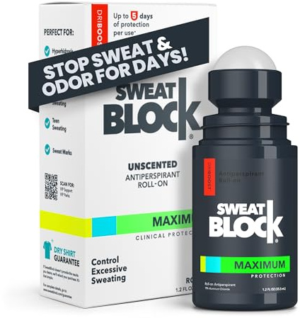 SweatBlock Maximum Strength Roll-On Antiperspirant for Men and Women 1.2 FL OZ Hyperhidrosis and Odor Control Formula Blocks Excessive Sweat for Days Per Application Dermatologist Recommended Solution