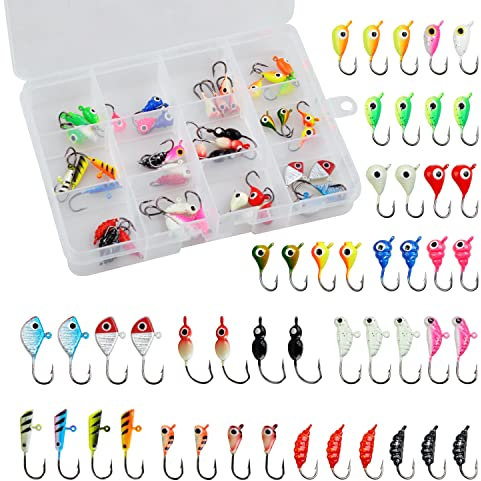 Eisangel-Jig-Köder-Set, 48-teilig, leuchtendes Eisangeln, Crappie, Panfish Jigs Kopf Angelhaken Set für Winter Eis Jigging Zander Barsch Bluegill
