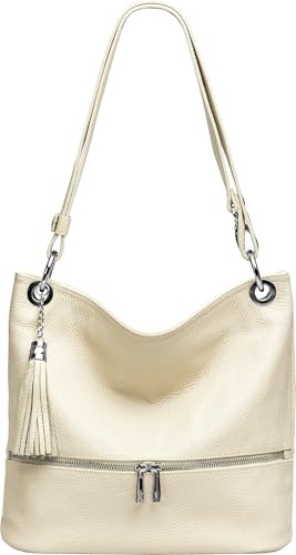 Caspar 2-in-1 Damen Leder Schulter- und Umhängetasche sportlich elegante Handtasche - CLASSIC LINE - Modell No.809 - Made in Italy, Farbe:beige, Accessoires:One Size