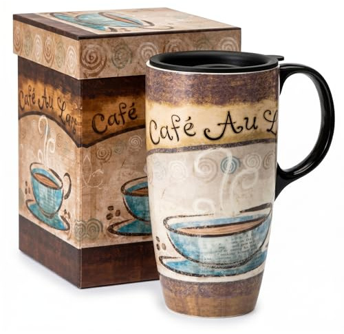 DUSVALLY 17oz Ceramic Travel Mug with Lid, Cafe Coffee Cup, Large Latte Mug, Microwave & Dishwasher Safe, Gift Box Included