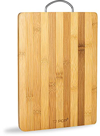 Tabla de Cortar de Bambú, TJ POP Tabla de Cocina con Mango, Perfecta para Carne, Queso, Frutas y Verduras, 33.5 x 24 x 1.5 cm