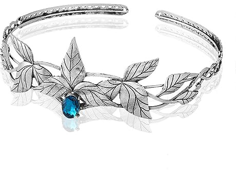 Alloy Leaf Crystal Greek Goddess Forehead Headdress Adjustable Hairband Elf Crown For Prom Birthday Party Valentines Costume (Dark Silver With Blue Stone)