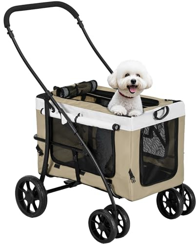 PawHut Carrito para Perros 4 en 1, Cochecito para Perros Plegable, Transportín para Mascotas con Vagón Desmontable, Cojín, Carga 10 kg, para Pequeños, Caqui