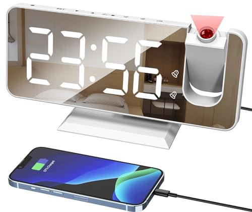 Lancoon Reloj Despertador Proyección para Techo Pared Doble Ajuste Alarma Snooze 12/24 H Puerto Carga USB Pantalla Espejo LED Regulador Brillo de 4 Niveles Blanco-Blanco