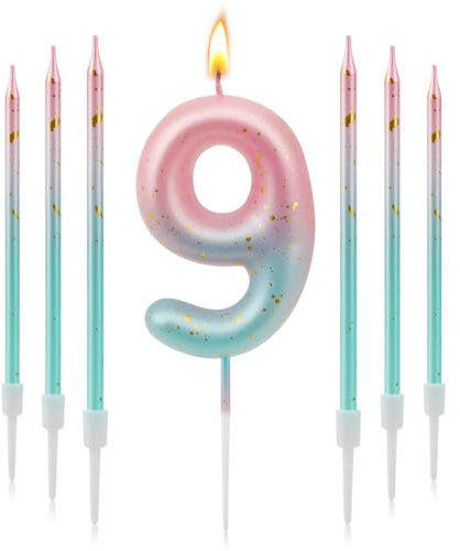 7 Velas de Cumpleaños Originales Degradado Azul Rosa, 3D Velas de Cumpleaños con Números para Tartas y Aniversarios, Vela 9 Años