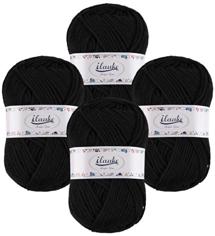 ilauke Häkelgarn 4er* 50g/Ball, Wolle zum Häkeln Super Weiche 100% Acryl Garn, Häkelwolle Schwarz für Anfänger und Kinder, Handstrickgarne Babywolle zum Stricken Weich für Häkeln und Kunsthandwerk