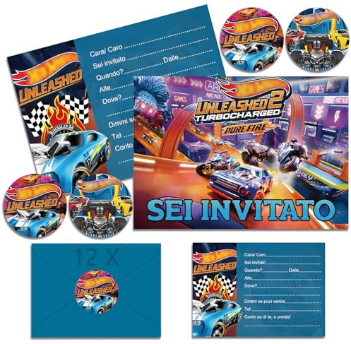 Ctxtqtdt 12x Hot Whels Inviti Compleanno Bambino con Buste Italiano, Biglietti Invito Compleanno Hot Whels, Inviti per Festa a Tema di Compleanno per Ragazzi (A6)