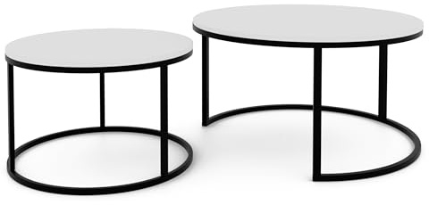 GREKPOL Couchtisch 2er Set - Runde Couchtische 48x70 + 42x50 cm - Rund Couchtisch Schwarz mit Weiß Hochglanz - Coffee Table - Kafeetisch