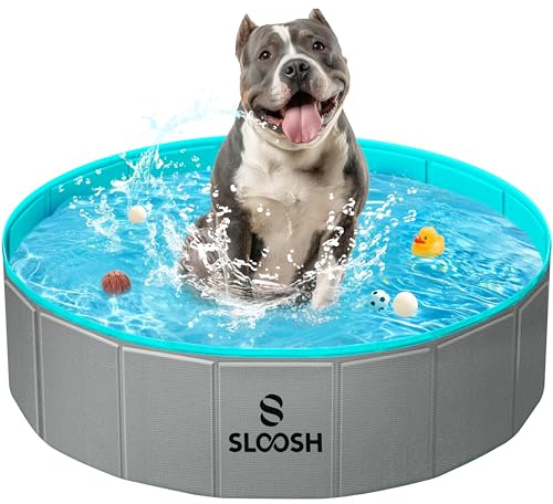 Sloosh Foldable Dog Kiddie Pool - Portable Hard Plastic Doggie Swimming Pool, Anti-Slip Collapsible Pets Bath Tub Suitable for Kids Toddler Indoor Outdoor Backyard Use (Gray, 32 x 8)