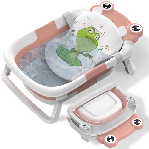 Baby Bath Tub Foldable,Bathtub Essentials for Newborn with Collapsible Bath Support and Non Slip Bath Seat Cushion Stand Pad,Folding Infant Baths Tub to Toddler 0-6-12 Months Portable Travel(Pink)