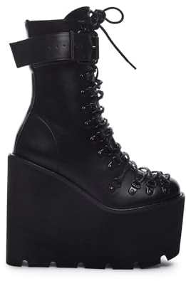 Dolls Kill Traitor Boots by Current Mood – Black Vegan Leather Platform Boots with Wedge Heels & Lace-Up Design - Black, 11