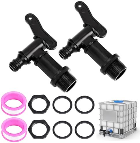 Robinet Cuve Plastique, Robinet de Rechange en Plastique, 3/4 Vanne pour Citerne de Pluie, Adaptateur pour Barils Pluie avec Ruban Étanche, pour Tonneau d'eau pour Maison Jardin Irrigation, 2 Pièces