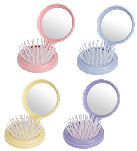 LIUCONGBD 4 Stück Faltbare Haarbürsten mit Spiegel, Runde Mini Haarkämme, Tragbare Klappbürste für Damen & Herren, Reisegröße Haarmassagekamm (Rosa+Blau+Lila+Gelb)