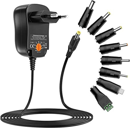 Zolt 12W Adaptateur Secteur Universel AC DC 3V 4.5V 5V 6V 7.5V 9V 12V Transformateur d'alimentation à Découpage avec 8 Connecteurs DC pour électroniques Ménagers, 1000mA Max.