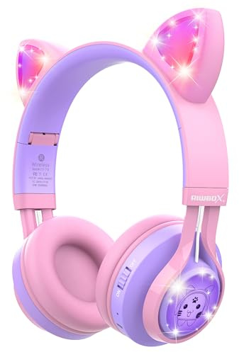 Riwbox Kids Headphones, CT-7S Cat Ear Bluetooth Headphones with LED Light, 85dB Volume Limiting, Over Ear with Microphone for Laptop/PC/TV (Pink&Purple)