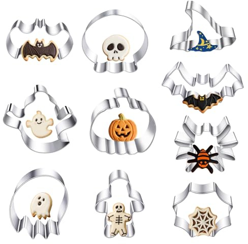 JIAWWAN Halloween Kakformar, 10 Stycken Kakor Kakmått, Rostfritt Stål Kex Kakform Pumpa Spöke Fladdermus Häxhatt
