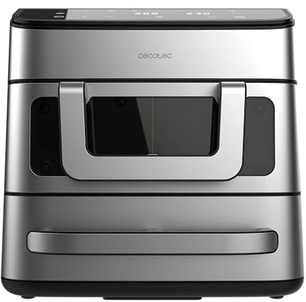 Cecotec Heißluftfritteuse und Ofen 18L Cecofry FoodCourt 18000 4Pizza+. 2700W, Pizzaofen 12 inklusive Stein, 9L Heißluftfritteuse, Trennwand, Farbbildschirm, Edelstahl, Synchronisation der Körbe