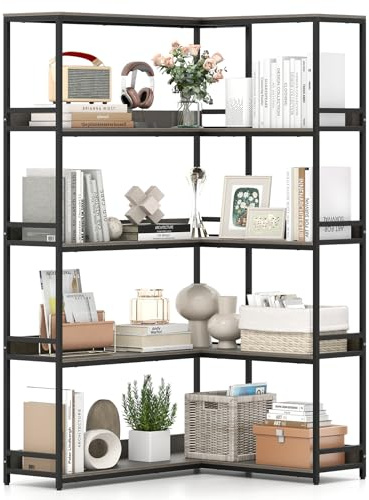 COSTWAY Corner Bookshelf, 5-Tier Large L-Shaped Bookcase Storage Rack, 180 cm Tall Industrial Etagere Open Display Shelf for Living Room Home Office