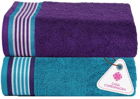 Casa Copenhagen Ensemble de 2 Grandes Serviettes de Bain He & She, Violet Indigo + Bleu-Vert, 550 g/m², conçu au Danemark, fabriqué à partir de en Coton égyptien Doux pour, Cuisine et Douche