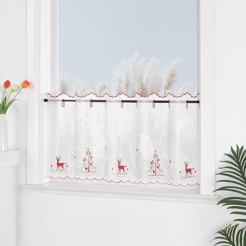 Yujiao Mao Weihnachts Scheibengardine mit Stickerei - Rote Tannenbäume & Rentiere - Bistrogardine Festliche Fensterdeko für Küche Bad Tunnelzug Transparent Weiß H45xB120cm, 1 Stück