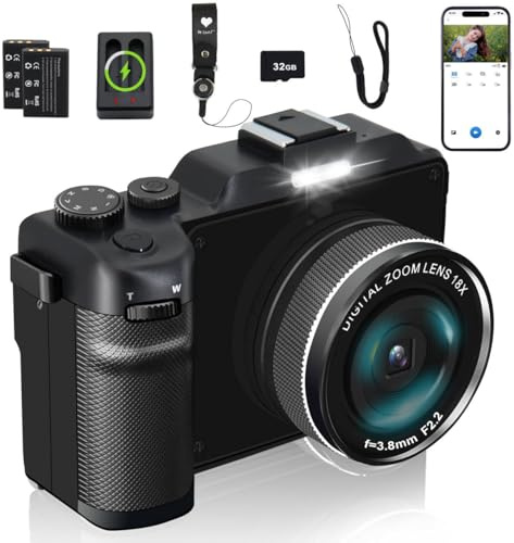 4K Digital Camera for Photography 64MP 18X Digital Zoom Auto Focus Macro Lens,Vlogging Camera with WiFi 2 Batteries 32G TF Card Charging Station,Portable Travel Camera for YouTube