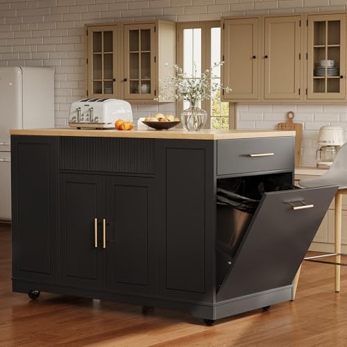 Easexcy Isola da Cucina, Armadio da Cucina, 120 x 50 x 92 cm, Carrello di Servizio, con Scomparto per Pattumiera, Ripiani Regolabili, Due Ante e TRE Cassetti (Nero)
