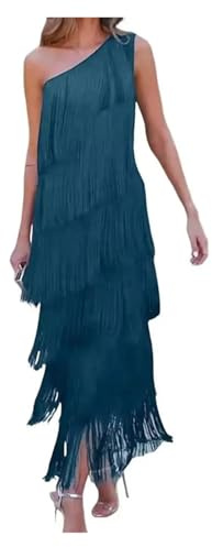AMEEDA Vestido Flecos Vestido Elegante con diseño de borlas y Flecos for Noche for Mujer, Largo un Hombro, for cóctel, Fiesta graduación Baile(Lake Blue,L)