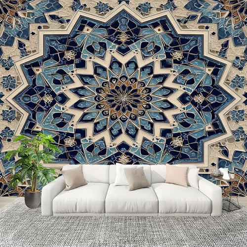 Avtagbar affisch väggbeklädnad 350 x 256 cm symmetriska geometriska mönster premium icke-vävd konst fototapet blå för vardagsrum hem sovrum kök dekoration tapet väggmålning