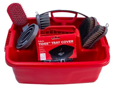 Red Gorilla Horse Grooming Kit 9 Piece Equestrian Care Gift Set 4 Brushes Sweat Scraper Curry Comb Hoof Pick Tray and Waterproof Cover (Red)