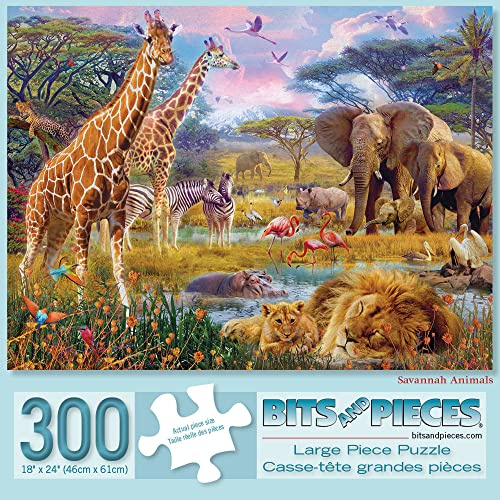 Bits and Pieces - 300 Large Piece Jigsaw Puzzle for Adults - Savannah Animals - 300 pc Jungle Scene Jigsaw by Artist Jan Patrik
