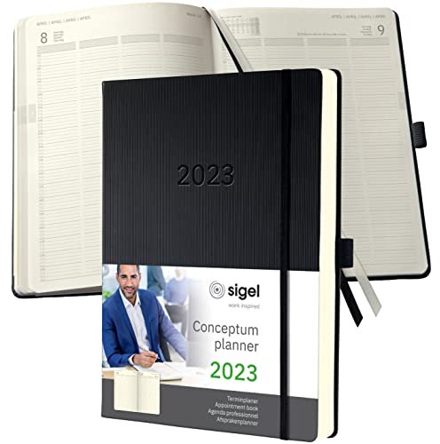 SIGEL C2304 Planungsbuch XXL, Terminkalender 2023 - A4+ - 1 Tag = 1 Seite, für 4 Personen - schwarz - Hardcover - 480 Seiten - Gummiband, Stiftschlaufe, Archivtasche - PEFC-zertifiziert - Conceptum