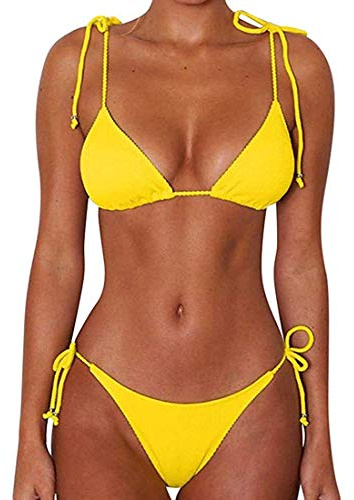 CheChury Costume da Bagno Bikini Set Retro Tinta Unita Push-up Imbottito Costumi da Bagno Due Pezzi Brasiliana Bikini Set,Giallo,M
