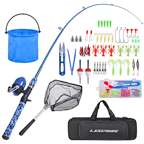 LEOFISHING Kids Fishing Pole Set with Full Starter Kits Portable Telescopic Fishing Rod and Spincast Reel with a Fishing Net and Bucket for Boys Girls and Youth (Blue)