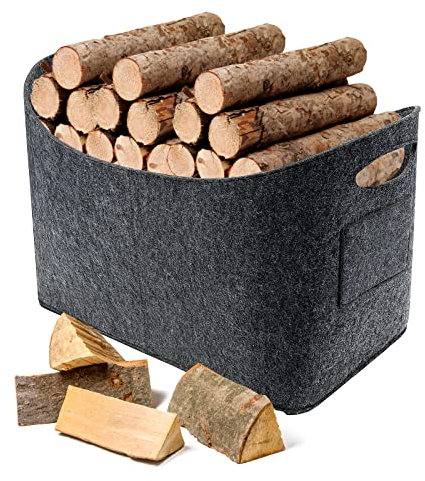 Filztasche Kaminholz, Milduall Extra Große Filzkorb mit Griff 63L Holzkorb 53x40x30cm Faltbar und Verdickte Brennholzkorb Multifuktionale Aufbewahrungskorb für Einkaufen Spielzeug Zeitungen Kleidung