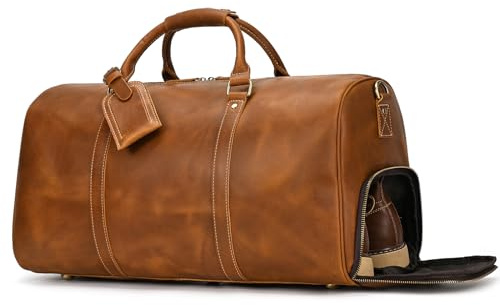 Sac de Voyage Vintage en Cuir pour Homme - Bandoulière, Bagage à Main 55cm pour Week-End, Sport, Avion - Brun Clair