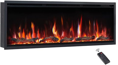 FlameKo Avena 127cm/50 Slim Frame Recessed Media Wall Inset Electric Fireplace with Multi Flame Colours, with Logs, Heater 750W & 1500W