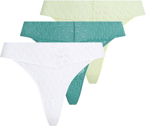 Calvin Klein Women's 3 Pack Low Rise Thongs with Lace, Multicolor (White/Highline Green/Lively Teal), M