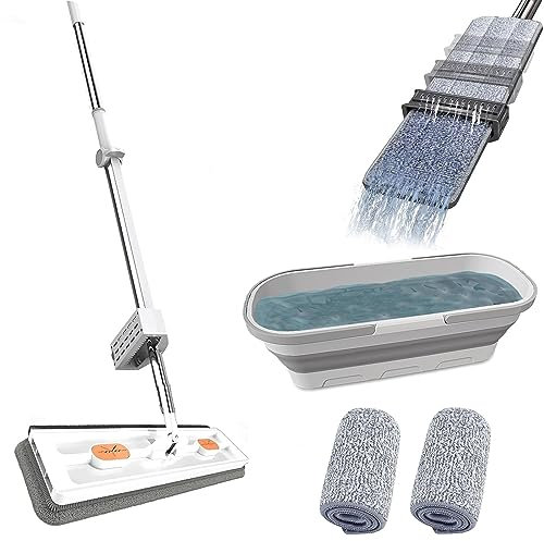 Pure Clean Magic Mop, grande mocio piatto con funzione strizzante e cuscinetti in microfibra riutilizzabili, Pure Clean per lavare i pavimenti (secchio pieghevole per mocio, bianco)