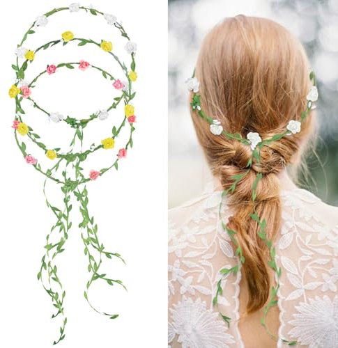 AYNKH 3Pcs Corona di fiori, ghirlanda floreale in stile boemo, corona di fiori di rosa fatta a mano per il matrimonio Festival Accessori per capelli Cerimonia Party