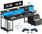 Coleshome Schreibtisch mit 5 Schubladen aus Stoff, Reversibler Gaming Tisch mit Steckdose, Computertisch mit Monitorständer und LED-Leuchten, Home Office Schreibtische, Schwarz, 160x48cm