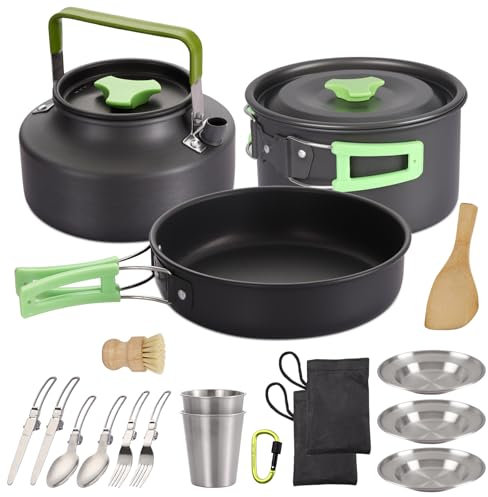 PELLOR Camping Porslinsset 17-delad utomhus camping köksredskap med koppar bestick stekpanna sked tefat, bärbar aluminium camping matlagningsset för camping fiske utomhus matlagning vandring resor